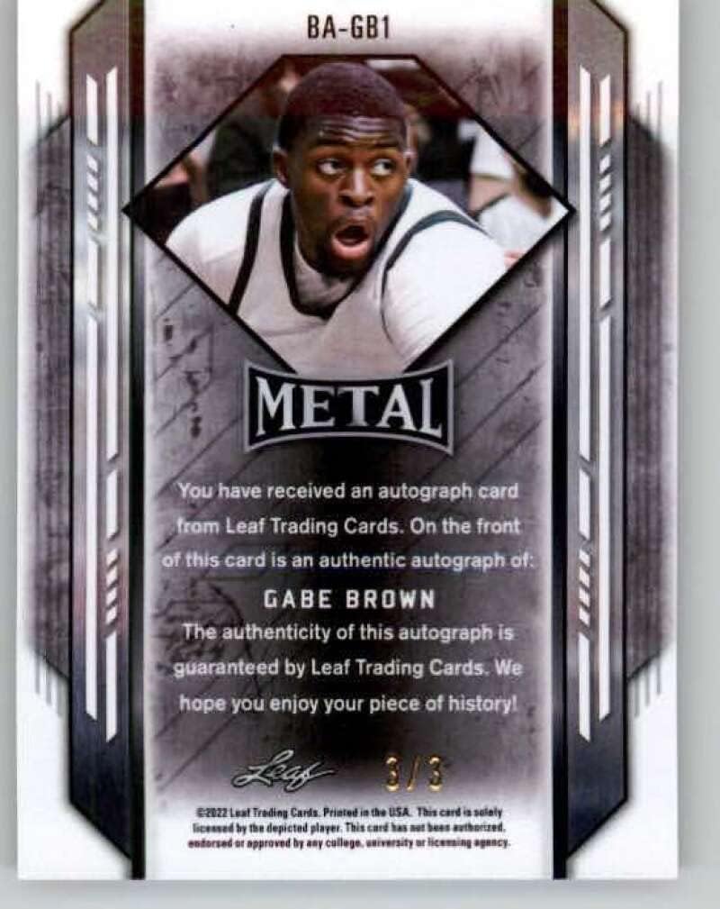 2021-22 Leaf Metal Mojo Autograph Orange #BA-GB1 Gabe Brown ARC RC Rookie AUTO 3/3 Basketball Trading Card