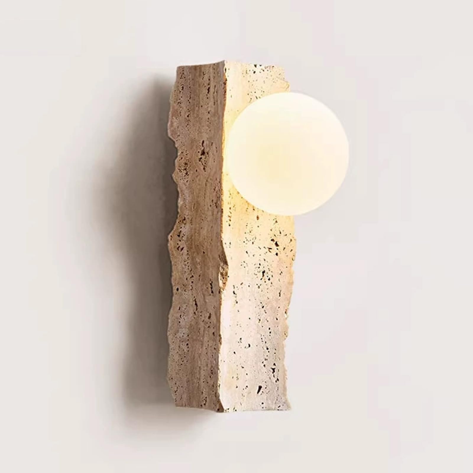 Aplique de pared de travertino moderno, lámpara de pared cableada | Lámpara de pared de piedra de cueva amarilla con pantalla de cristal globo, luz de pared Wabi Sabi de estilo japonés