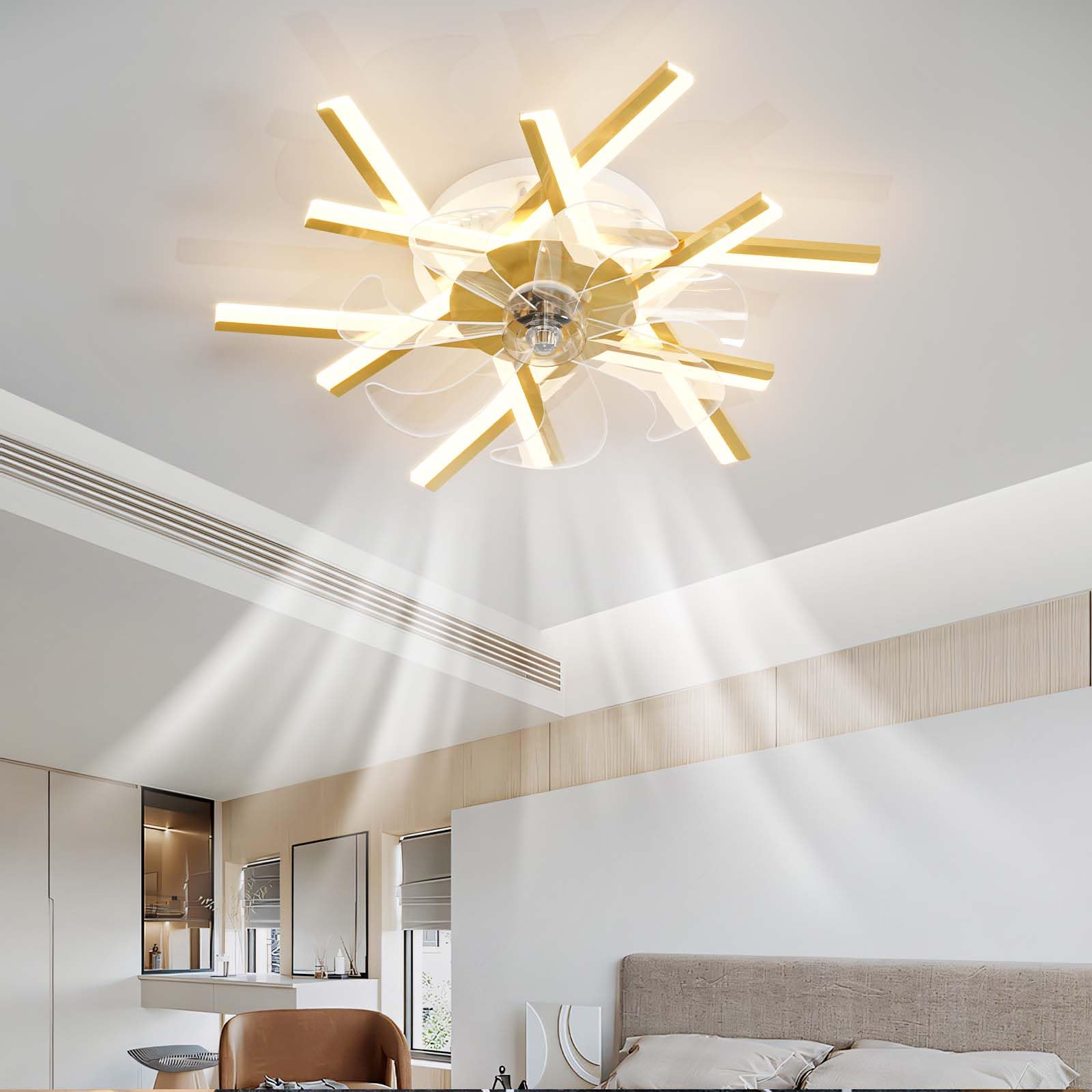 SXDMOUBK Modern Gold Chandelier Ceiling Fan with Dimmable LED Lights Remote Control and APP 6 Speeds Timer Reversible Rotation Silent Operation Ideal for Living Room Bedroom 62CM