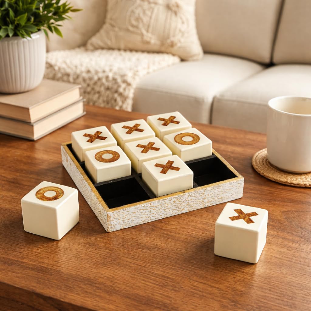 Pristine Home Decorative Tic Tac Toe Board Game – Rustic Farmhouse Coffee Table Decor with Ivory Finish, Modern Luxury Tabletop Game for Living Room Accent & Unique Gifting-image-17