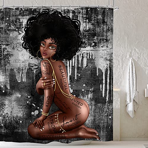 Cinbloo Black Girl Shower Curtain Afro African American Woman Queen Bathroom Curtain Set Inspirational Quotes Gray Graffiti Bath Curtain Cloth Fabric Bathroom Accessories Decor With 12 Hooks 60Wx72H #TOP1