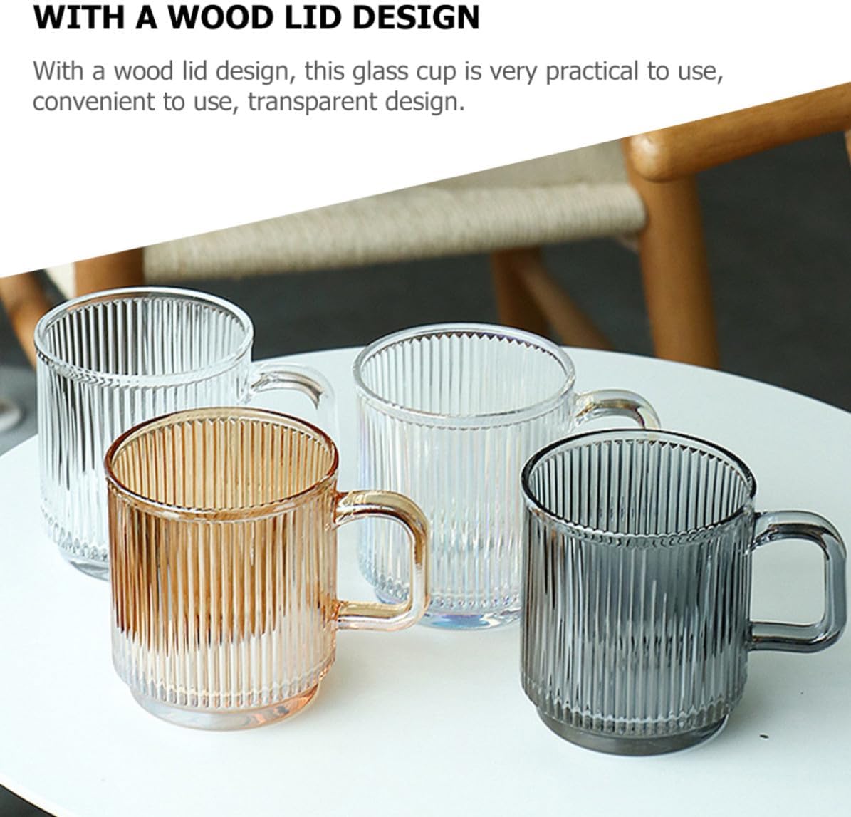STOBAZA 2 Sets Striped Embossed Texture Glass Water Mugs 340ml Reusable Glass Cups with Wood Lids for Cold Drinks and Daily Use