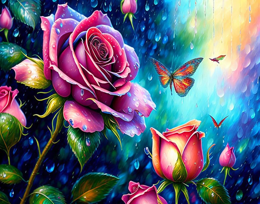 Poster sur toile sans cadre grande rose et oiseaux imprimés 58x90