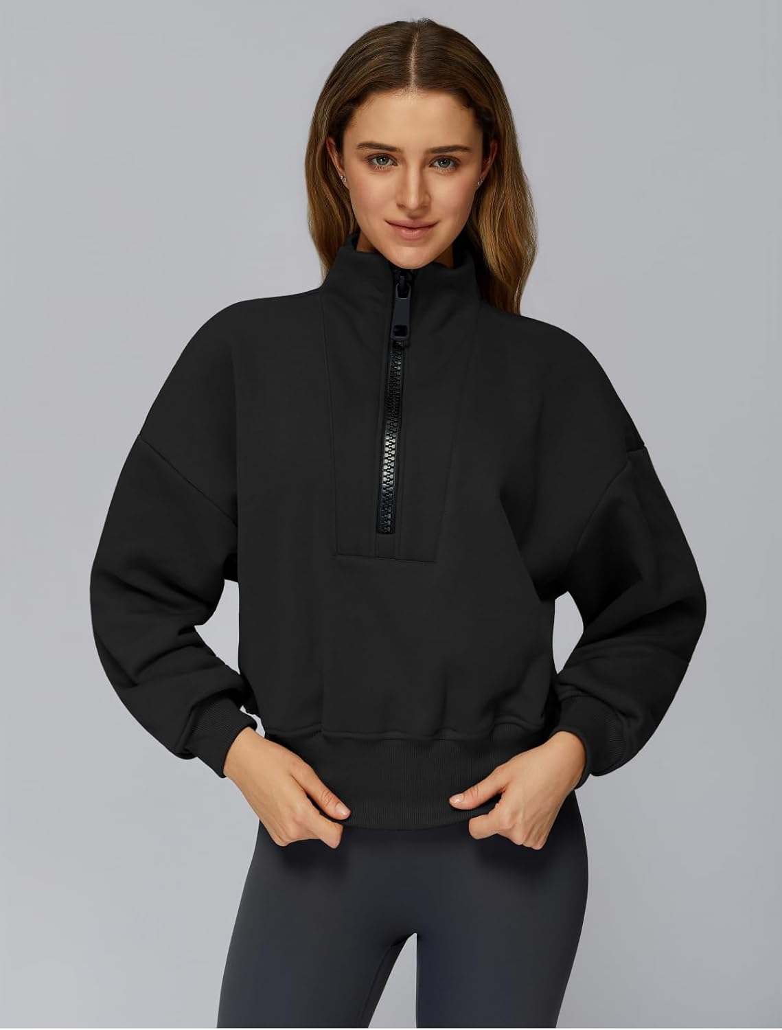Women’s Fleece-Lined Half Zip Pullover Sweatshirt Warm Top with Ribbed Hem | Cozy Winter Athleisure Wear