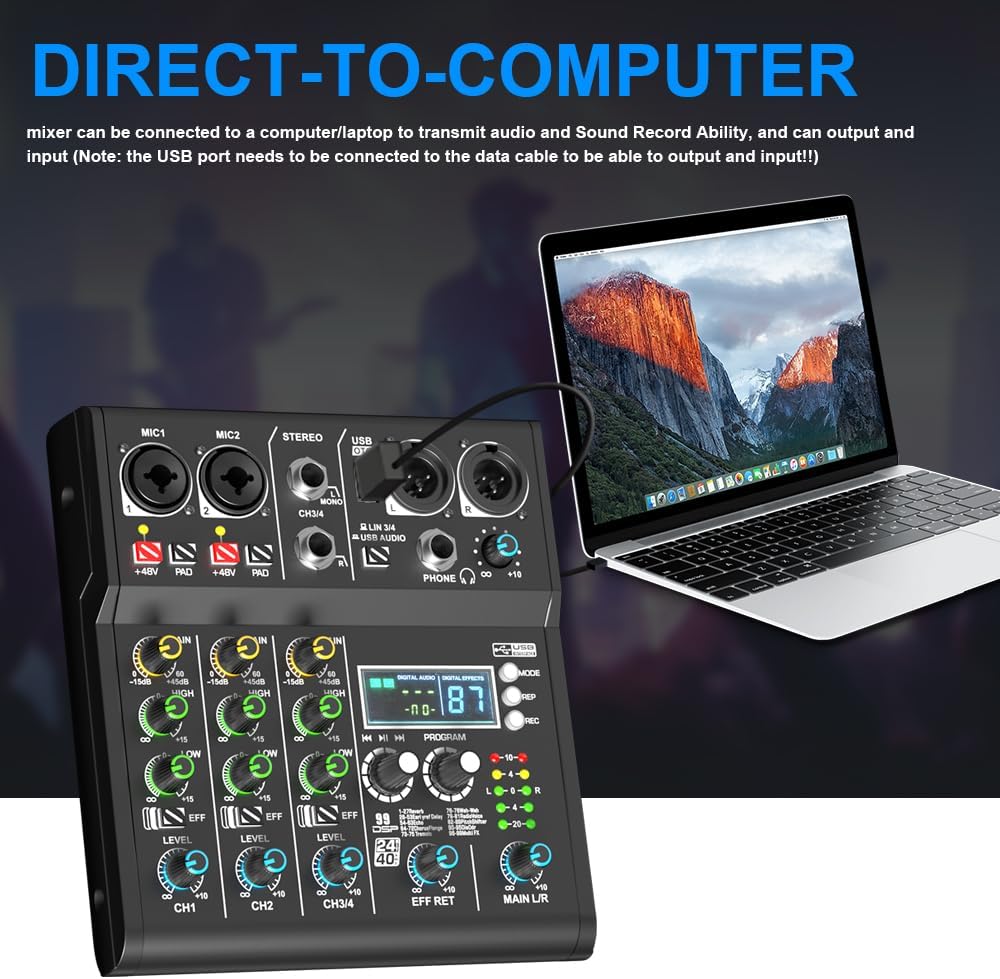 XR-4 Black Professional 4-Channel DJ Mixer with Built-in DSP 99 Sound + Bluetooth 5.0 USB Recording Karaoke Live Performance Portable Design +48V Phantom Power Supply