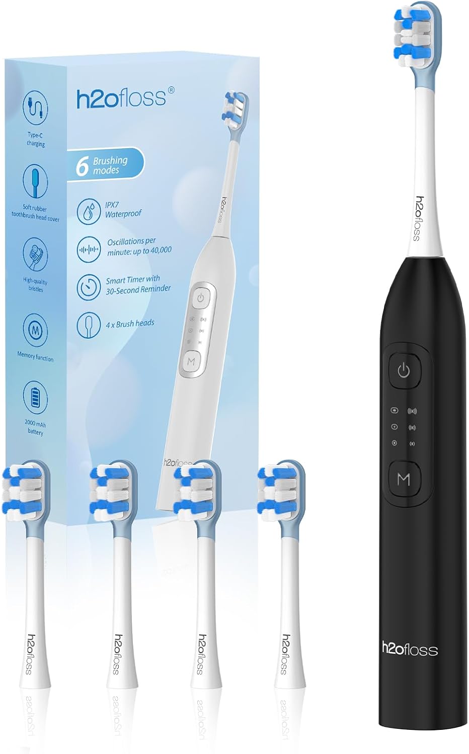 H2ofloss Sonic Electric Toothbrush for Adults, Ultra-Clean, Black