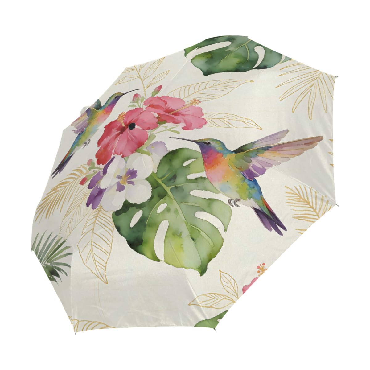 Ombrello estivo con colibrì ibisco, ombrello da viaggio, compatto, antivento, impermeabile, con protezione UV, rivestimento nero, leggero, 8 costole, portatile, per pioggia e sole