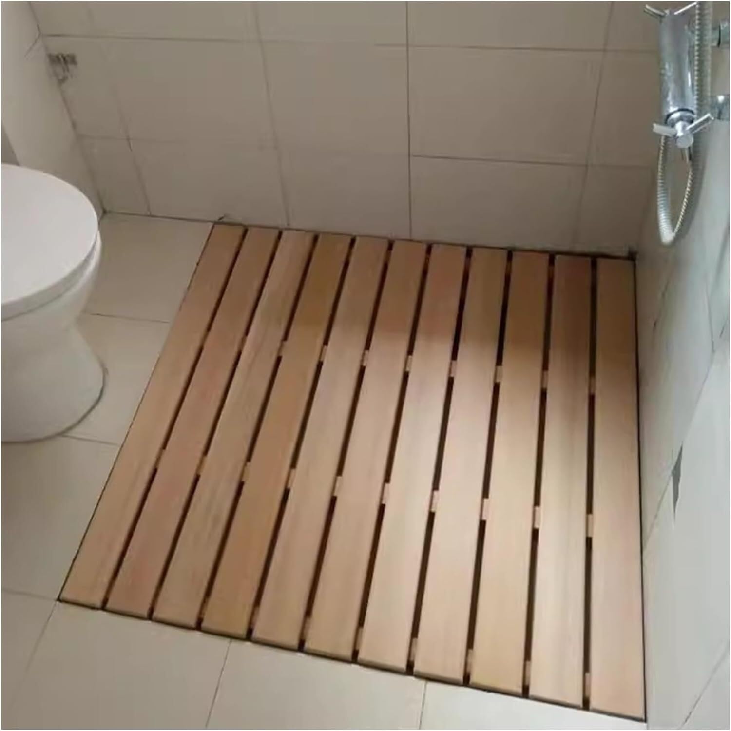 QYMYOZ Natural Wooden Shower Bath Mat, Patchwork Bathroom Drainage Board, Toilet Balcony Floor Treads, Custom Size (Colour: Wooden, Size: 90x100cm)(70x110cm)