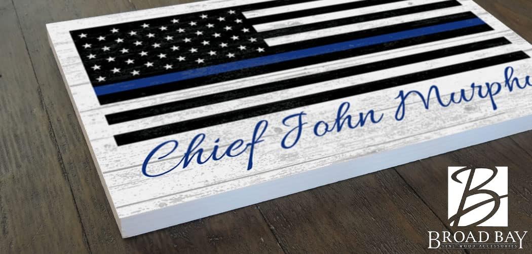 Thin Blue Line Flag Sign – Personalized Police Gift for Officer, Family, or Retirement – Custom Solid Wood Law Enforcement Wall Decor – 16.5" x 10.5"