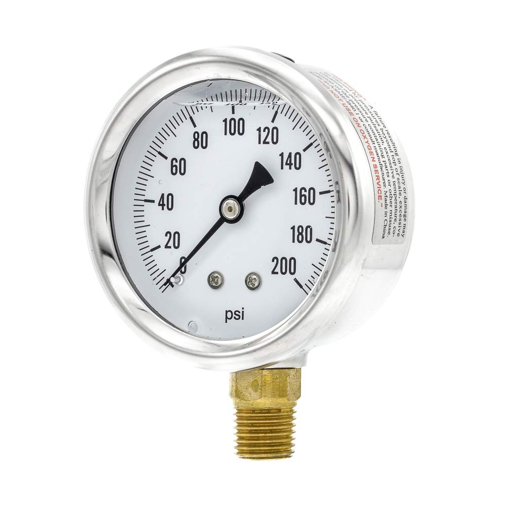 PIC Gauges S201L-254G Bottom Mount Glycerin Filled Single Scale Pressure Gauge w/ SS Case/Bezel, Brass Internals, Plastic Lens, 2.5 Dial, 0-200 psi Range, 1/4 Male NPT