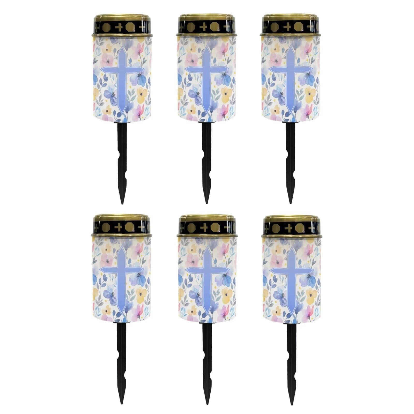 Poceacles Cross Solar Lights Outdoor Waterproof Cemetery Lights Solar Powered Grave Solar Lantern Outdoor Waterproof Walkway Lights for Lawn Garden Pathway, Blue Floral Cross, Pack of 6