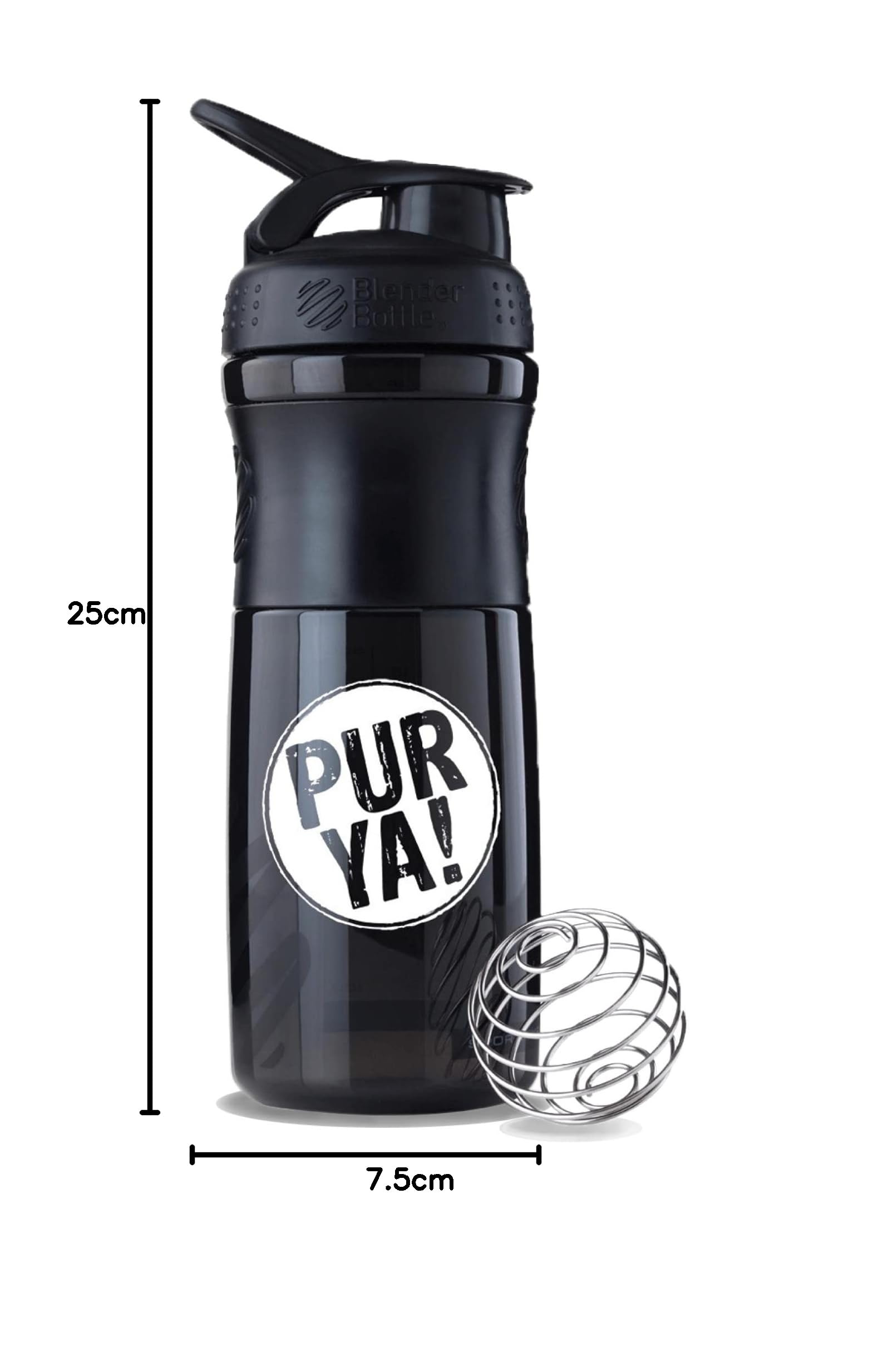 PURYA! SHAKER, borraccia fitness per frullati proteici e bevande, miscelazione ottimale grazie alla sfera a spirale, senza BPA e infrangibile, Nero, 828ml