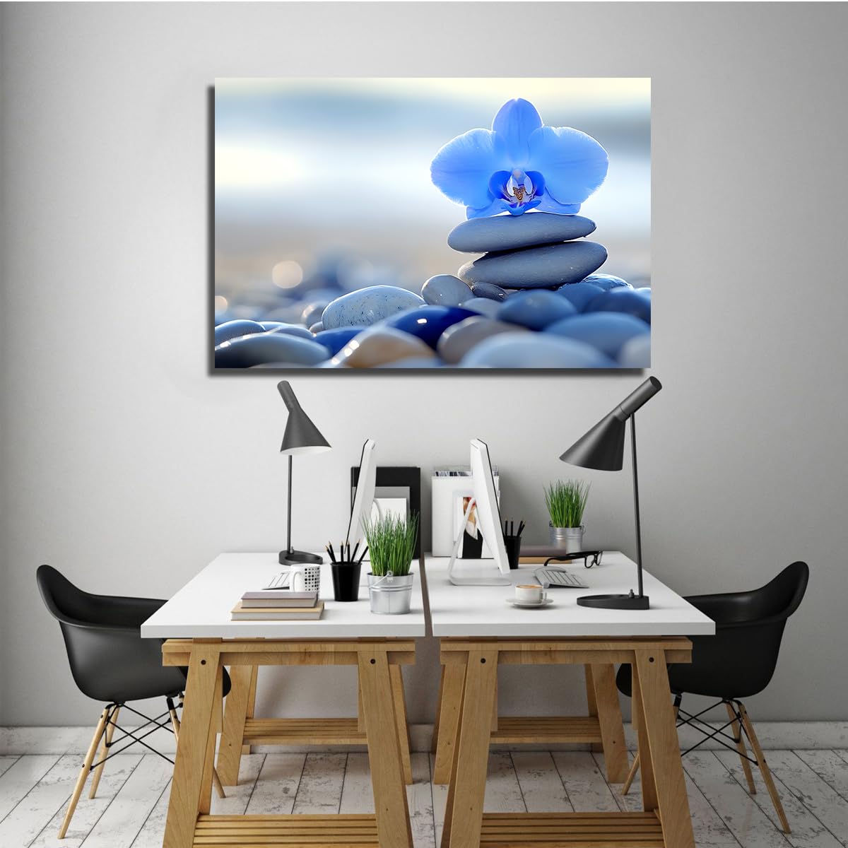 TOANGWALL Niebieska orchidea płótno sztuka ścienna kwiat zen obraz zen z kamieniem zrównoważona rama nowoczesna natura sztuka plakat do dekoracji biura sypialnia 30 x 45 cm