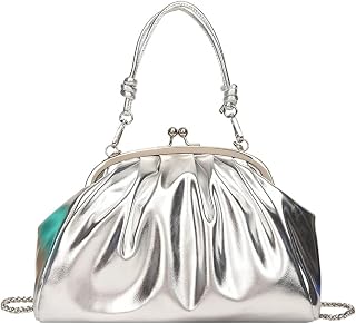 Women's Cloud Pouch Bag Shiny Dumpling Crossbody-Soft Leather Fashion Ruched Handbag Kiss Lock Purse Shoulder Bag