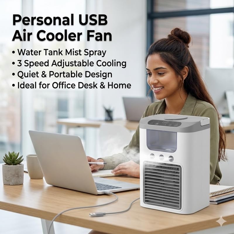 Image of (10 Years Assured Warranty) USB Powered Mini Air Cooler Fan with Water Tank Portable AC Mist Spray 3 Speed Adjustable Cooling for Bedroom Office Desk Use