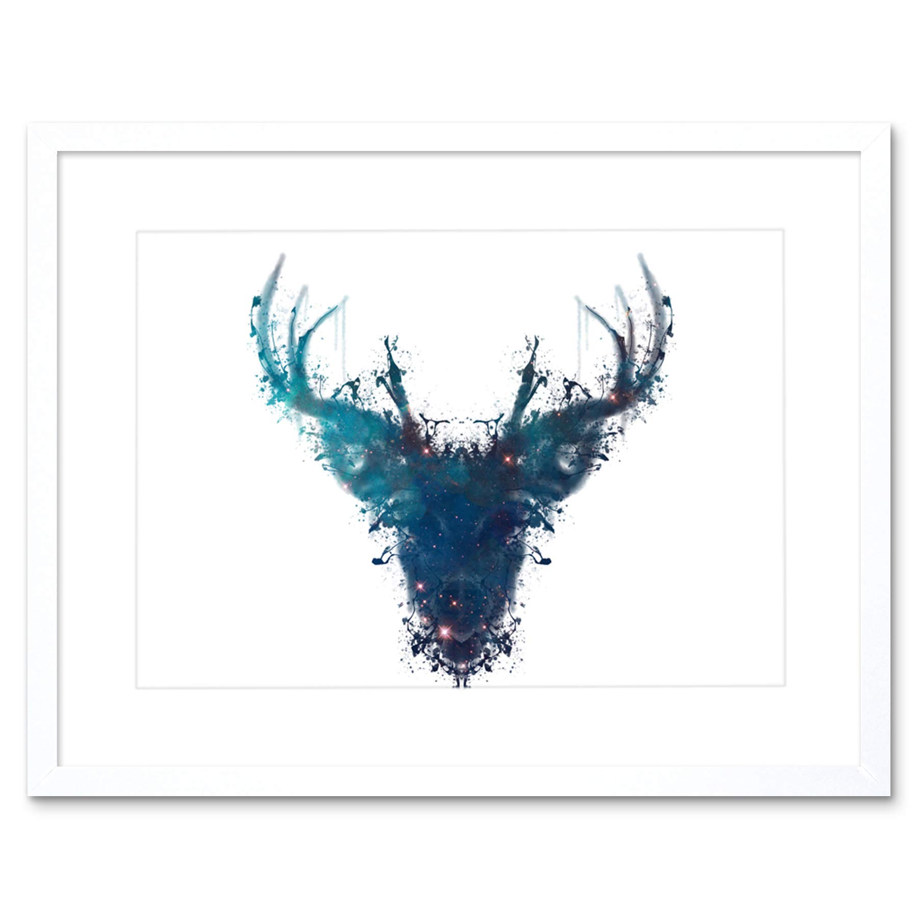 Wee Blue Coo Ink Splat Deer Stag Artwork Framed Wall Art Print 12X16 Inch