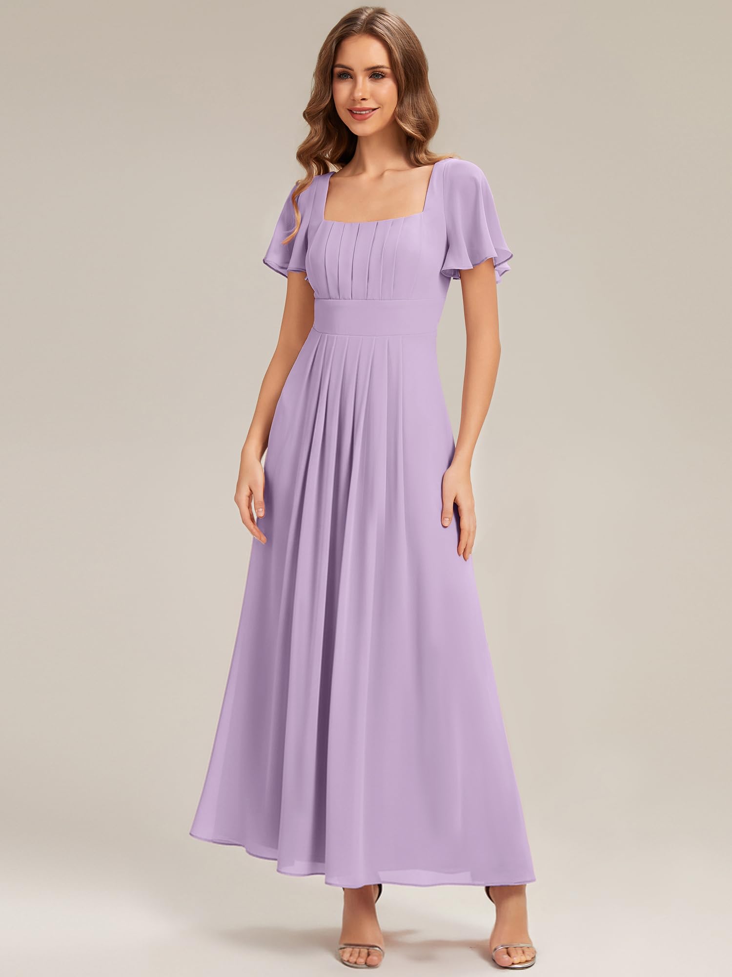Ever-Pretty Abiti da Damigella Collo Quadrato Maniche Corte Chiffon Maxi Gonna Svasata ES02703
