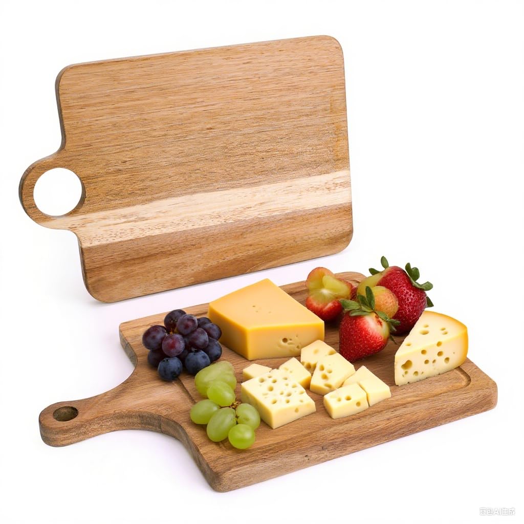 EazyBreezy 2 Shapes Charcuterie Boards Acacia Wooden Cheese Boards Chopping Board with Handle Rectangular Serving Tray Wood Cutting Board for Fruits Dessert Pizza Bread - 29 x 20 x 1.5 cm