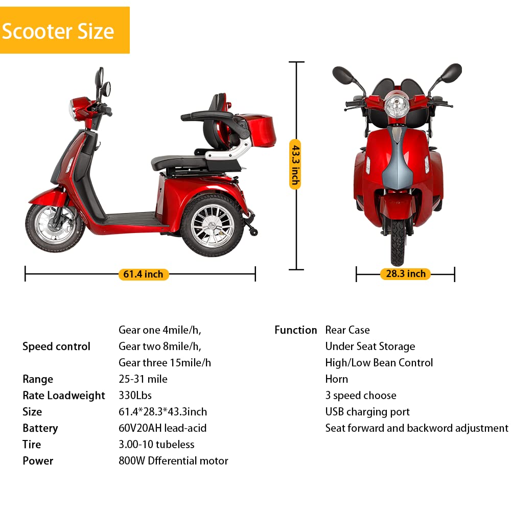 Heavy Duty 3-Wheel Mobility Scooters for Seniors & Adults, All Terrain Mobility Scooter for Outdoor Travel, Electric Mobility Scooters Handicap Mobility Cart, 800W Motor, 500lbs Capacity (Red)