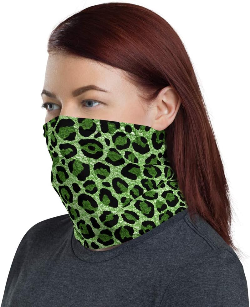 Leopard Faux Green Glitter Neck Gaiter, biker face covering, cold mask covers