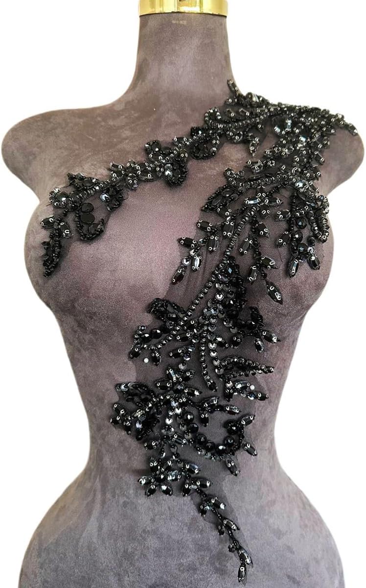 Handmade Shining Acrylic Rhinestones on lace Applique Sewing Beads Stones Trim Patches Accessories for Wedding Dress 4.3X 23.6inches (Black)