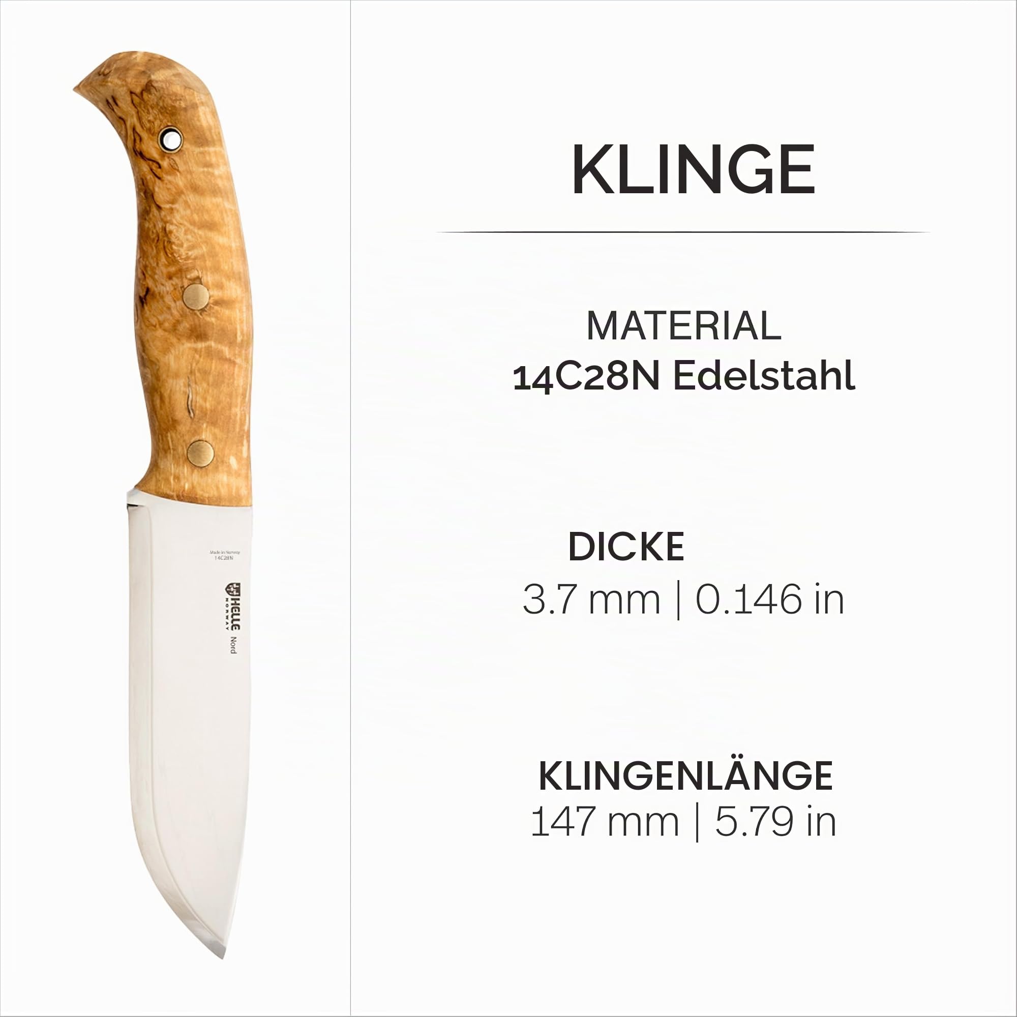 Helle NORD 670 Outdoormesser, Sandvik 14C28, rostfrei, Maserbirke, Lederscheide