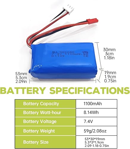 Miniatura 2 de Fytoo Batería de litio 2 piezas 7.4 V 1100 mAh con cargador 2 en 1 para WLtoys A949 A959 A969 A979 S989 V912 T23 T55 F45 A320 A321 RC Control remoto