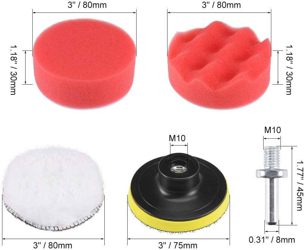 3" Foam Drill Polishing Pad 7 Waved Sponge 1 Wool 1 Backing M10 Adapter