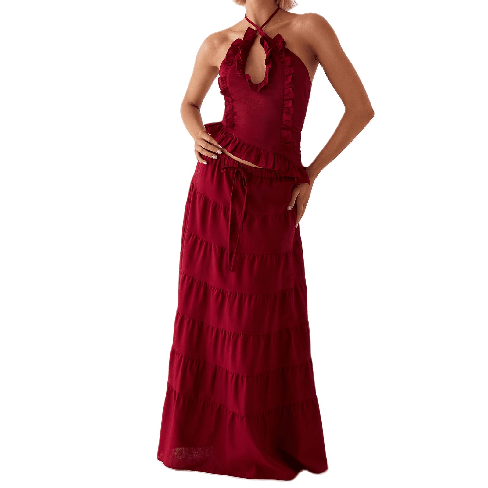 Damen 2 Stück Maxirock Set Y2k Halter geraffte Cami Top Tiered Flowy Ruffle Rock Sommer Strand Outfits