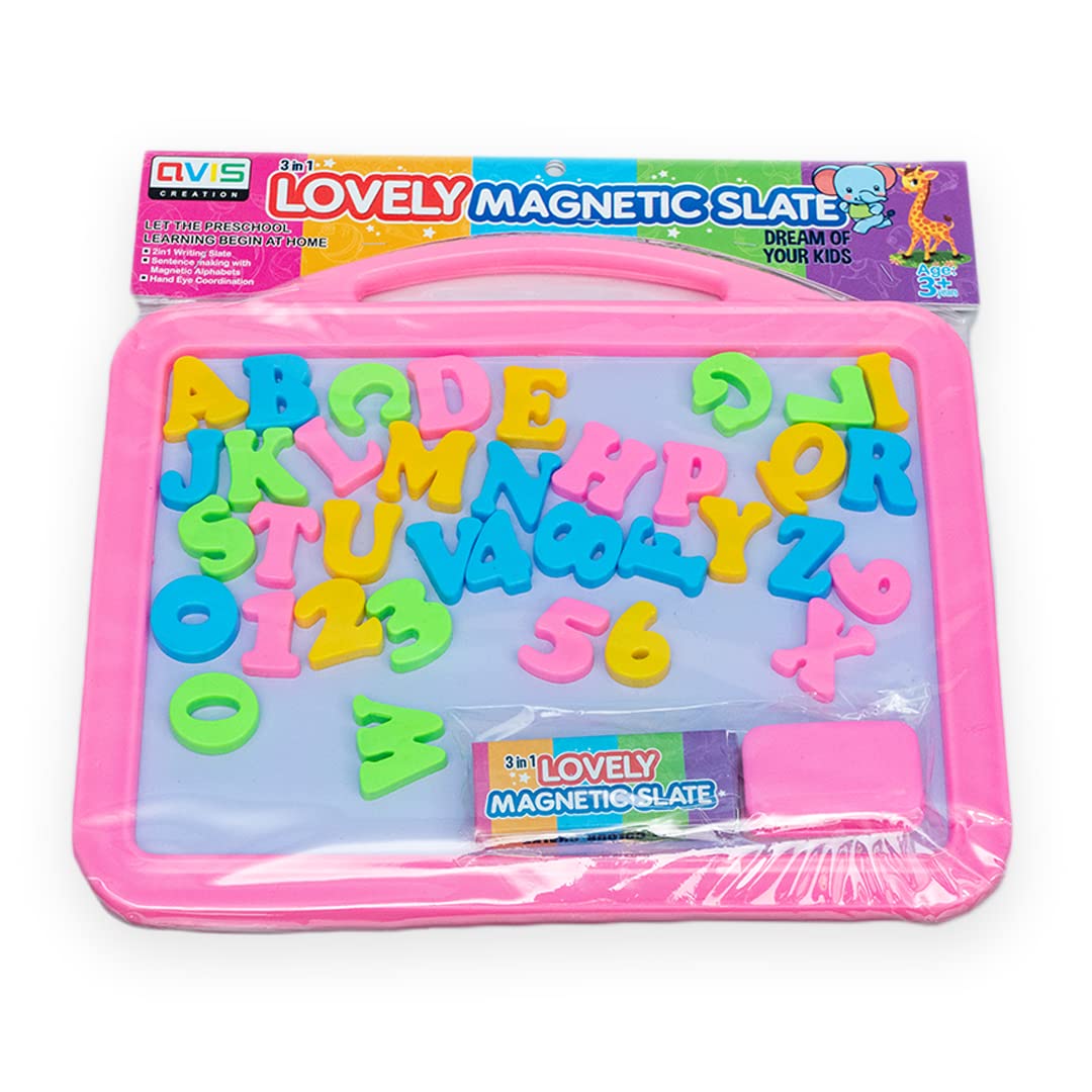 Avis Lovely Magnetic Slate | Double Sided Slate with Colorful Magnetic Alphabets & Numbers for Kids (Pink)