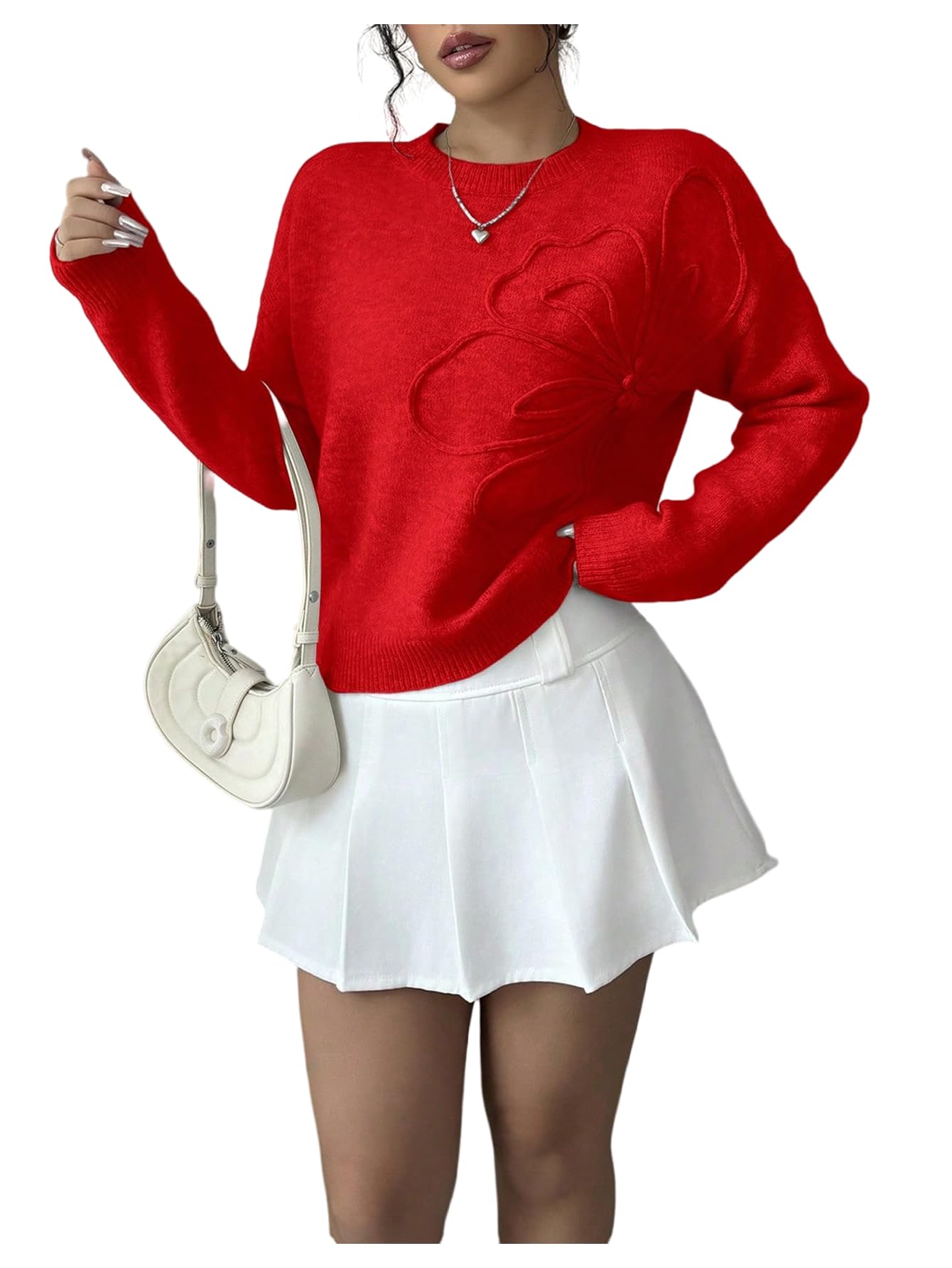 RoseSeek Women's 3D Floral Appliques Sweaters Long Sleeve Knit Tops