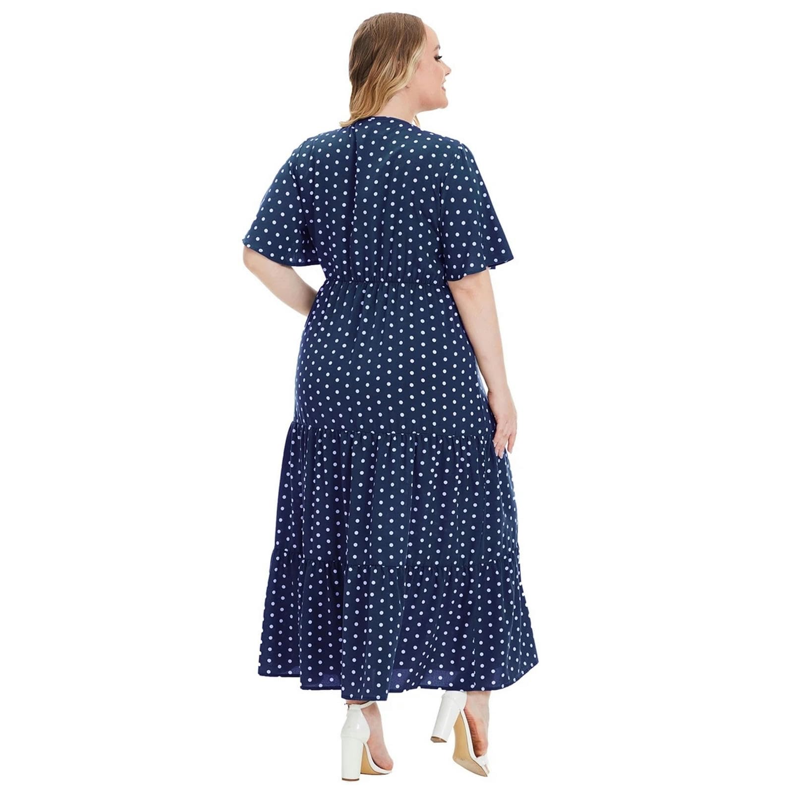 Casual Plus Size Polka Dots Dress Estate Manica Corta Scollo a V Sciolto Maxi Abiti Casuali, HUTALIM, Rosso, 3XL