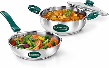 The Indus Valley Stainless Steel Impact Bonded Bottom Kadai (22cm) + Fry Pan (22cm) with Glass Lid | Green Bakelite Handle | Kitchen Cooking Combo Pots & Pans Set of 2 | Induction Compatible