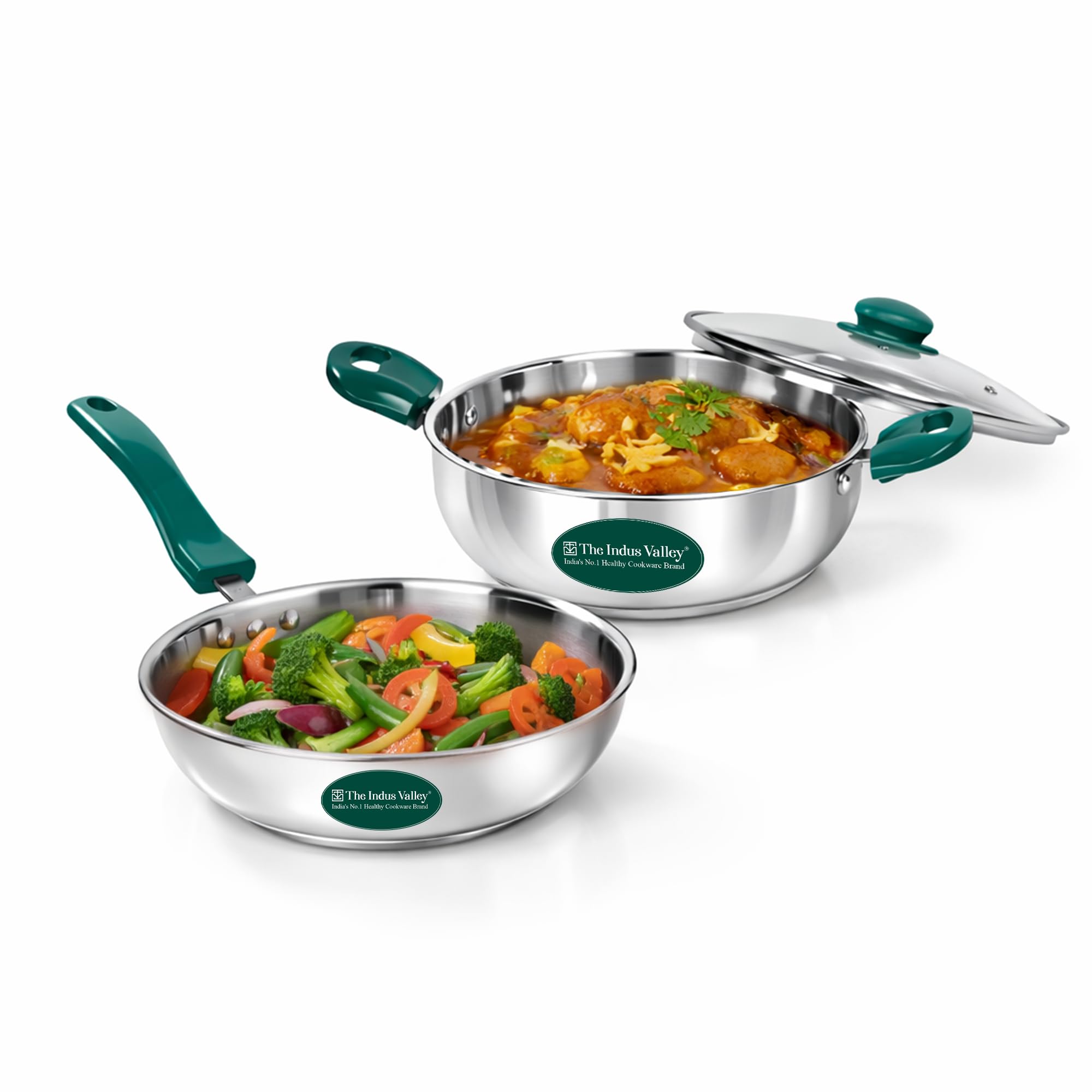 The Indus Valley Stainless Steel Impact Bonded Bottom Kadai (22cm) + Fry Pan (22cm) with Glass Lid | Green Bakelite Handle | Kitchen Cooking Combo Pots & Pans Set of 2 | Induction Compatible