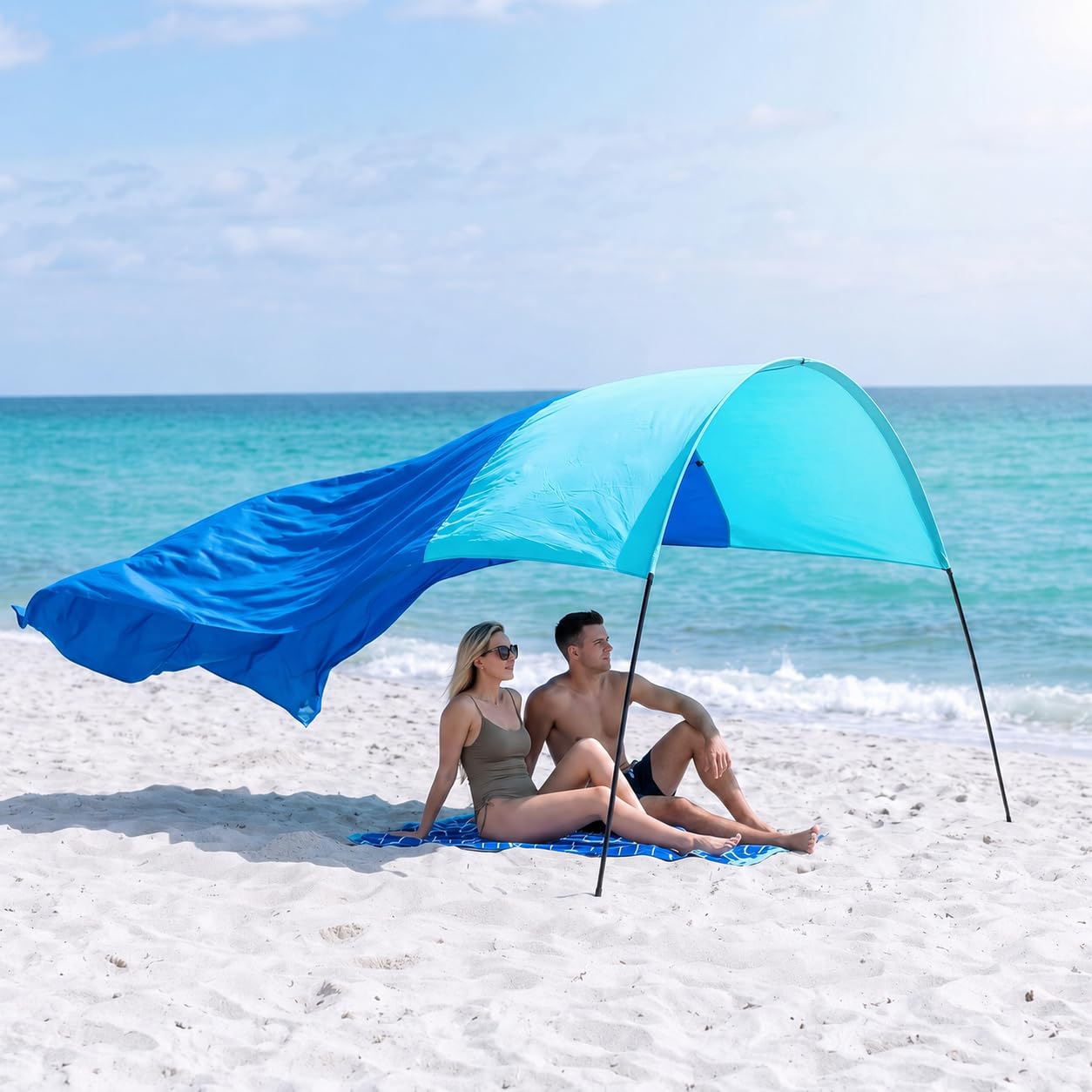 5m x 3m Two-Tone Beach Canopy Sun Shelter, Large Lightweight Beach Tent with Pre-Attached Sandbags & Thick Wind Ropes,Easy Setup Portable Beach Shade for Family,Camping, Picnic & Garden