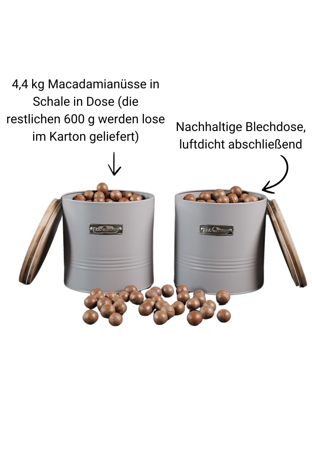 Vorratsset, 5 kg Macadamianüsse in Schale, luftdichte Aufbewahrungsdosen aus Blech mit Bambusdeckel
