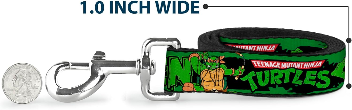 Buckle-Down Pet Leash - Classic TMNT Logo/Group Pose5/LEAN MEAN & GREEN - 4 Feet Long - 1.5" Wide