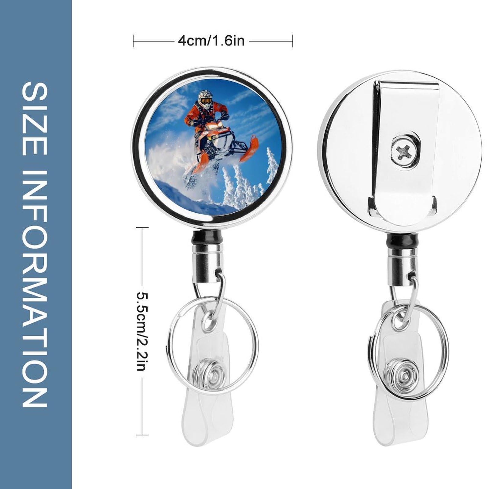 Snowmobile Action Snowy Scene Retractable Badge Holder Metal ID Name Holder Key Ring with Belt Clip