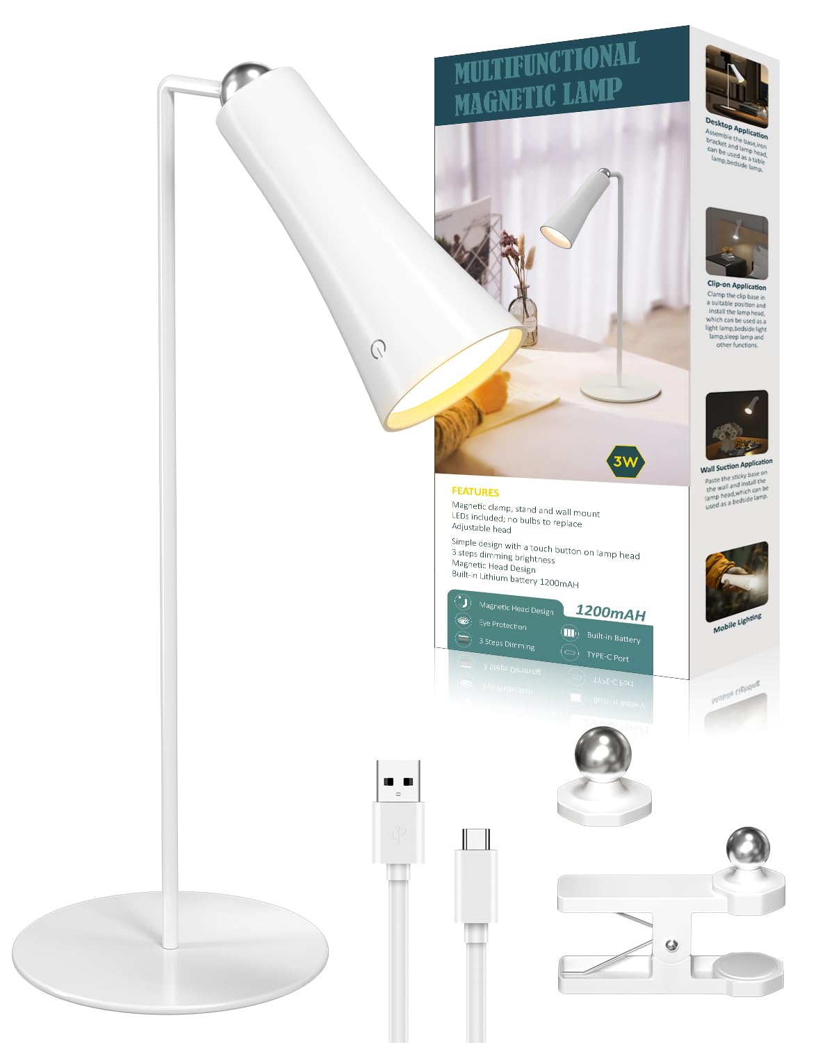 Klarlight Lámpara de Escritorio LED Magnética 4 en 1, Recargable USB Sin Cable, 3 Modos de Color y Regulable, 360° Ajustable para Lectura, Oficina, Mesilla, Clip/Montaje en Pared, Linterna (Blanco)