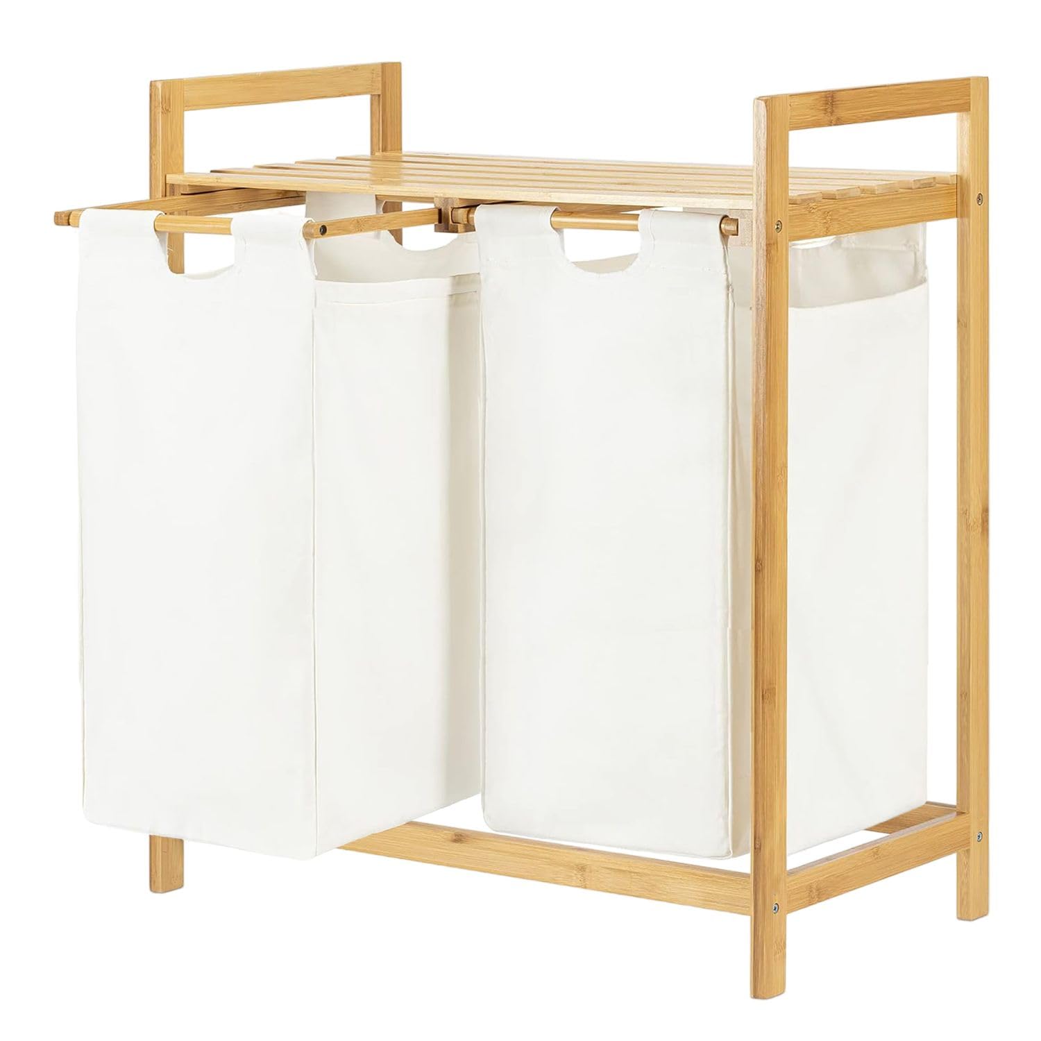 Meuble panier à linge en bambou pour organiser la salle de bain familiale avec étagère