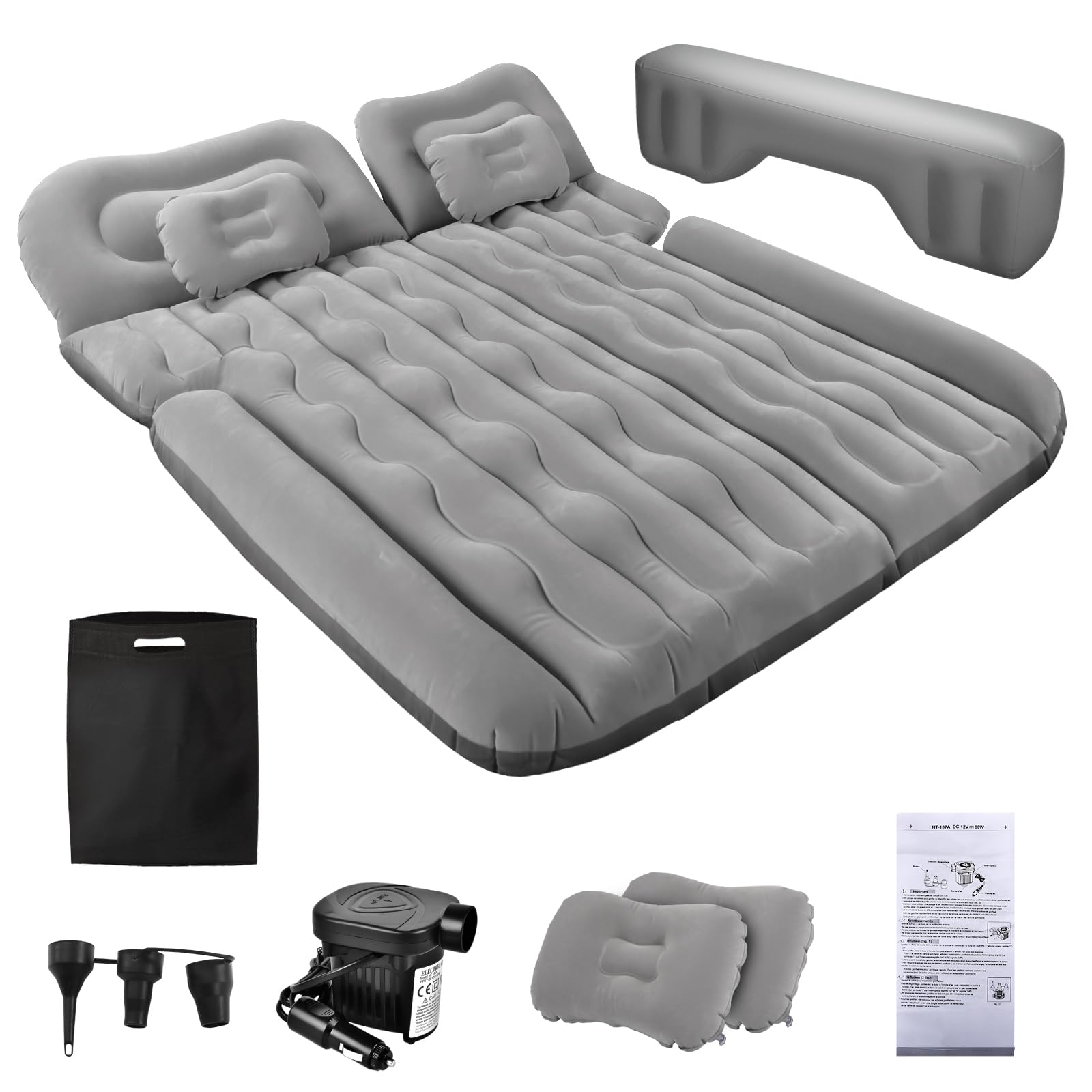 FORMIZON Materasso Auto, 180 * 140cm Materasso Gonfiabile Macchina, Letto Gonfiabile Auto con Pompa ad Aria e 2 Cuscini per SUV più Spesso Letto per Viaggi in Campeggio All'aperto (Grigio)