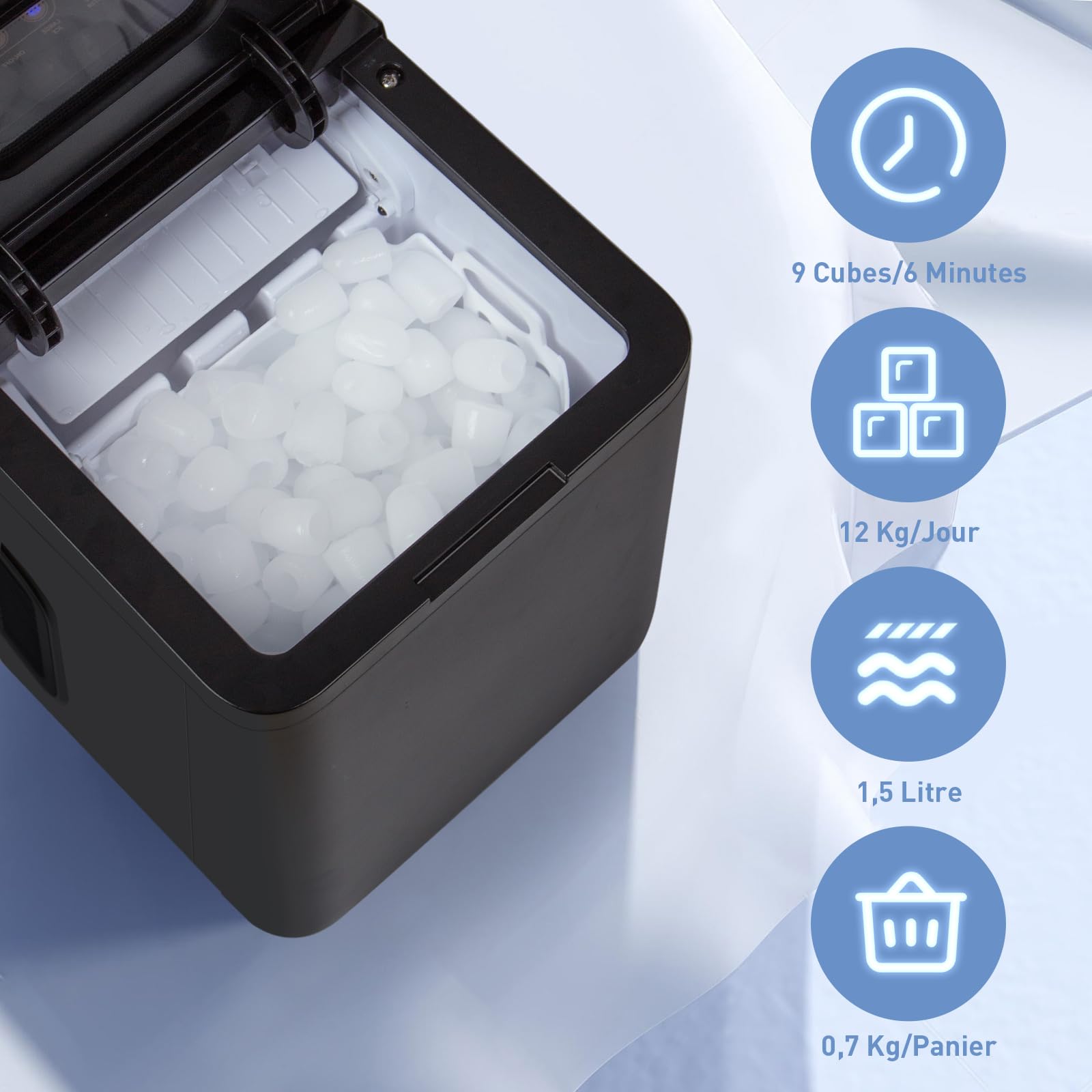 Todeco Machine à Glaçons pour la Maison, Capacité de 1,5L, 2 tailles de glaçons, 12kg en 24h, 9 Glaçons en 6-10 Minutes, Autonettoyant Machine à Glaçons, pour la Maison, la Cuisine et les Fêtes