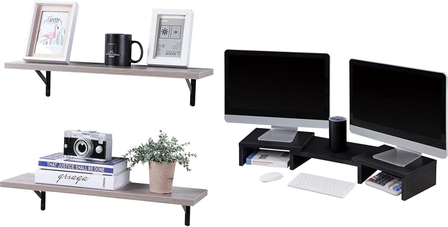 SUPERJARE Wall Mounted Floating Shelves and Dual Monitor