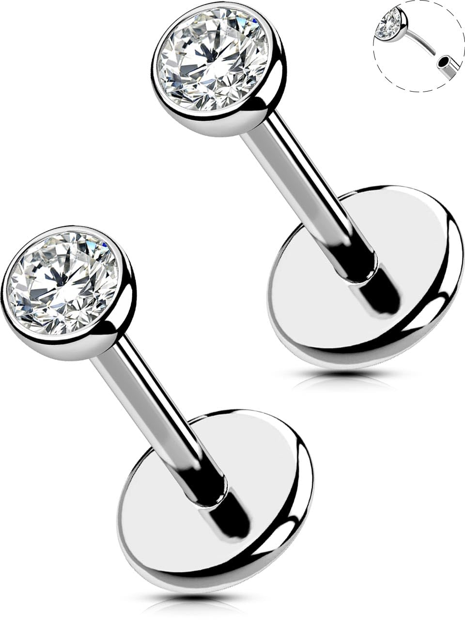 OUFER2Pcs 20G/18G/16G G23 Titanium Threadless Nose Stud Earrings Flat Back Tiny CZ Small Nose Helix Cartilage Tragus Conch Labret Medusa Monroe Piercing Jewelry for Women Men