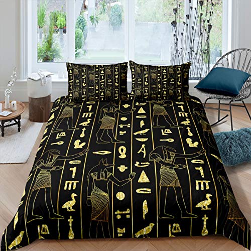 Egypt Duvet Cover Set Ancient Egyptian Script Comforter Cover Set for Kids Boys Teens Pharaoh Pyramid Bedding Set Tribal Culture Quilt Cover Bedroom Collection 3Pcs Super King