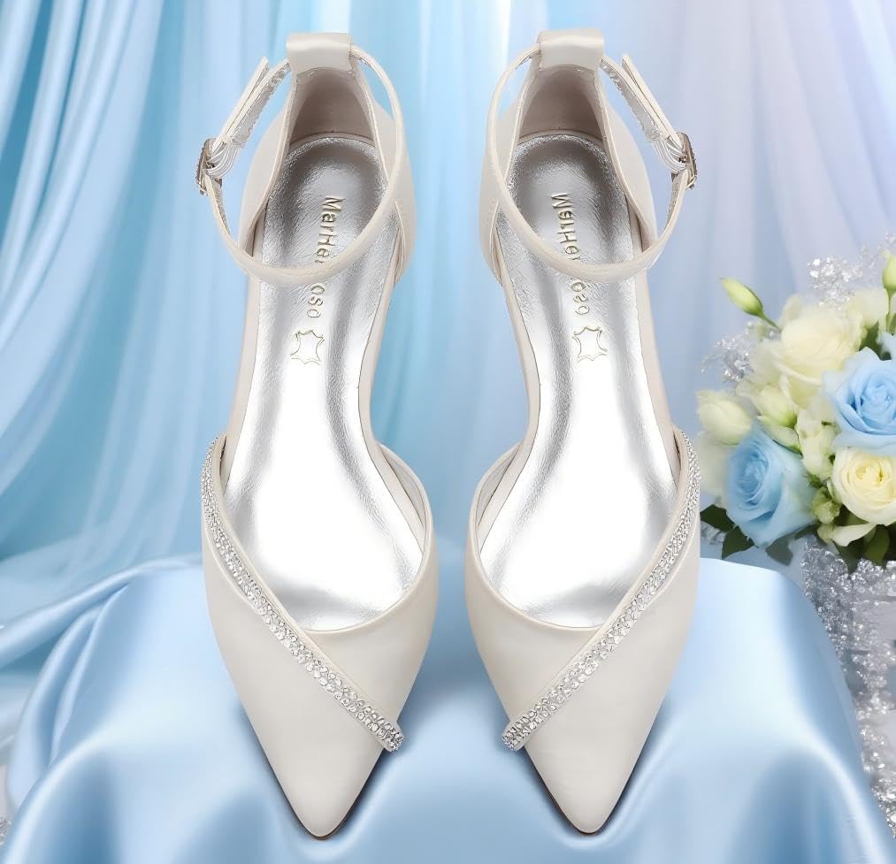 Women's Satin Ankle Strap Cross Strap Side Diamante Pointed Pumps - Image 5