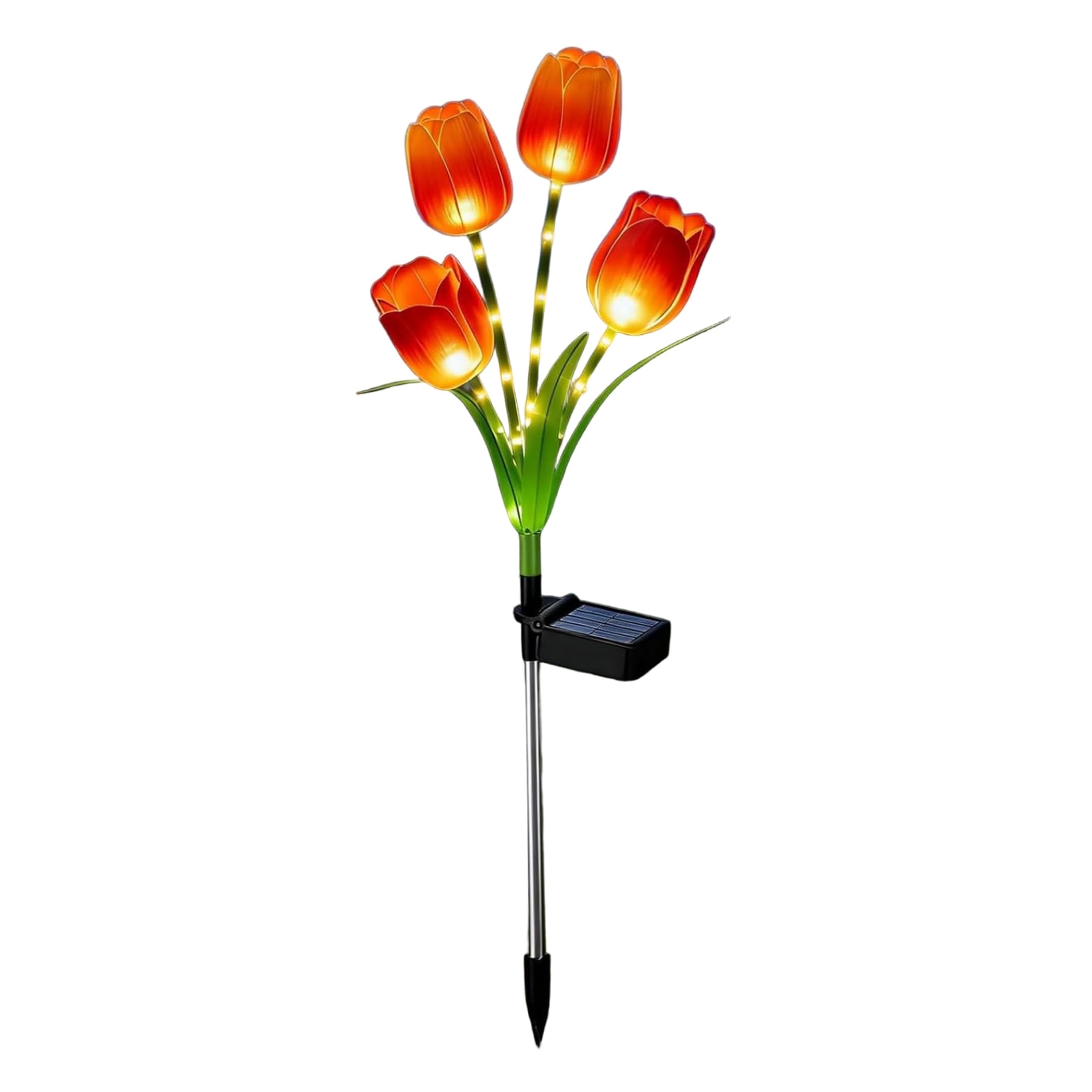BeVistoso Solar Flowers, 4-Head Tulips Solar Garden Stake for Outside Waterproof Warm Light for Garden Yard Pathway, 28×10 Inch, Orange, Flower Lights