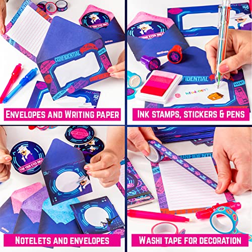 GirlZone Set de Escritura Agente Secreto, Divertido Kit de Espía y Set de Papelería para Niñas con Bolígrafo Espía, Regalos de Cumpleaños Geniales para Niños Ultimate Secret Agent Writing Set