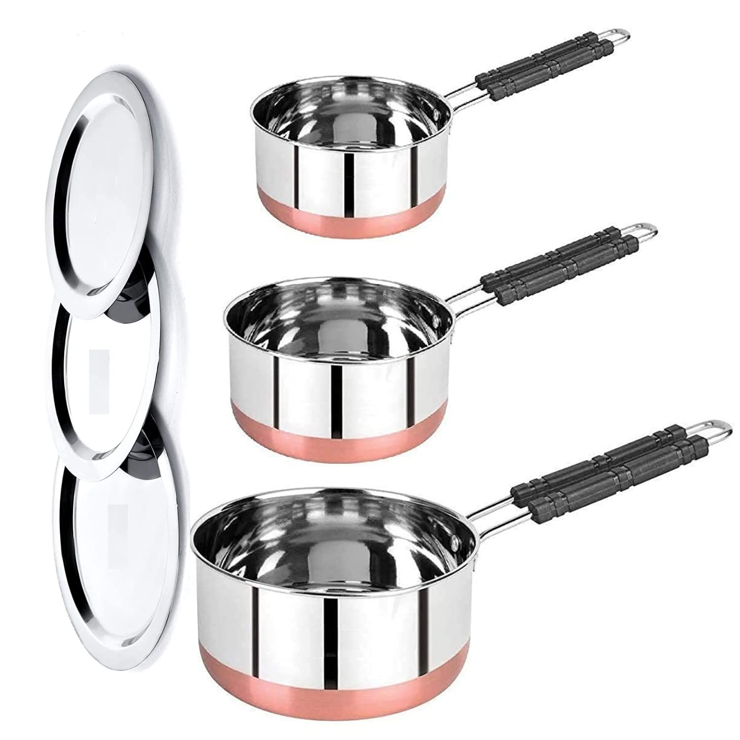 LiMETRO STEELSet of 3 Flat Bottom Copper Base Saucepan with Lid / Tea Coffee Pan Set Induction Bottom Cookware Set with Lid (Stainless Steel, 3 - Piece)