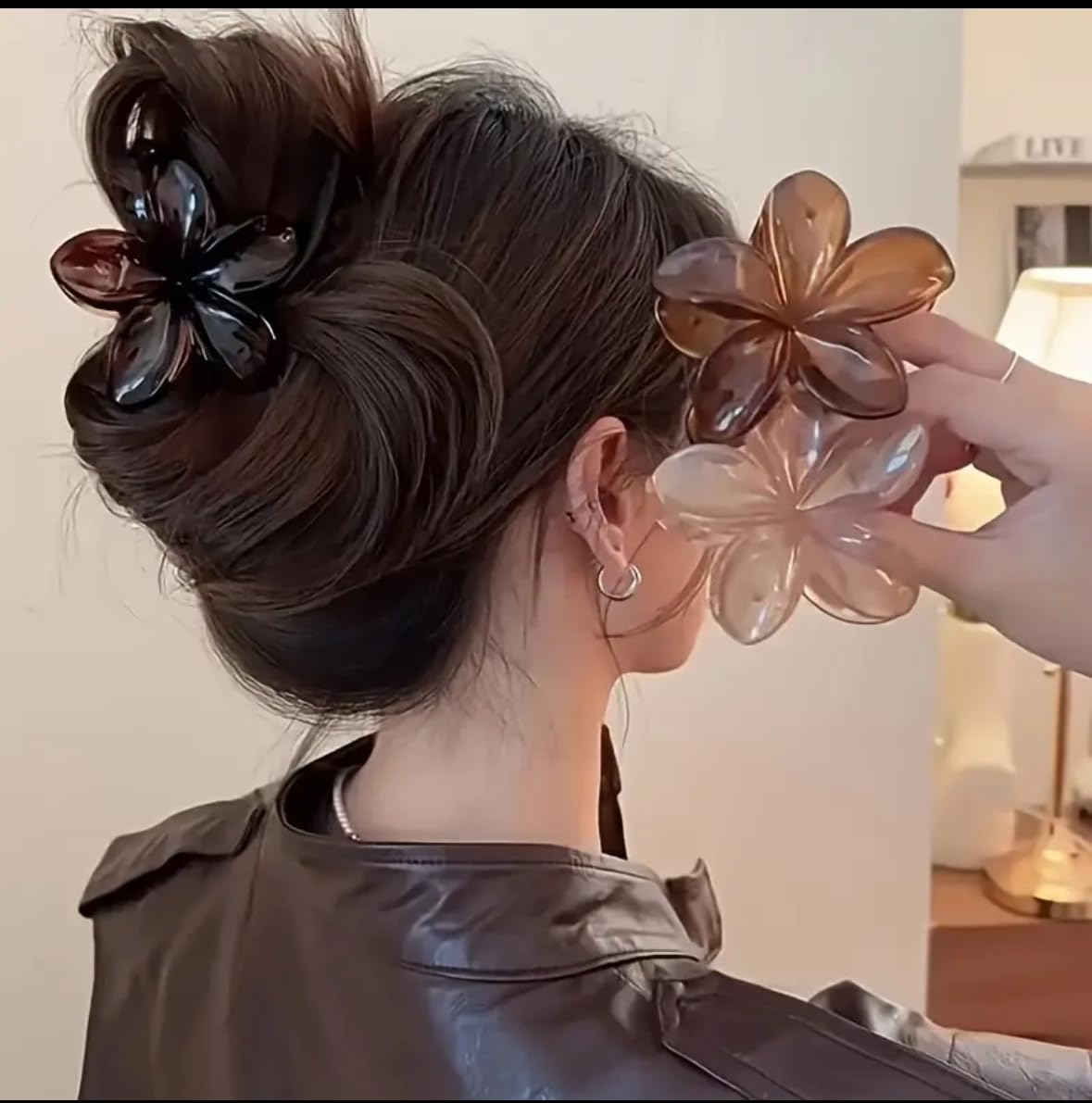 Floral Hair Clips, Translucent Brown and Clear Acrylic Flower Design, Large Size Hair Accessories, 3-Piece Set-image-22